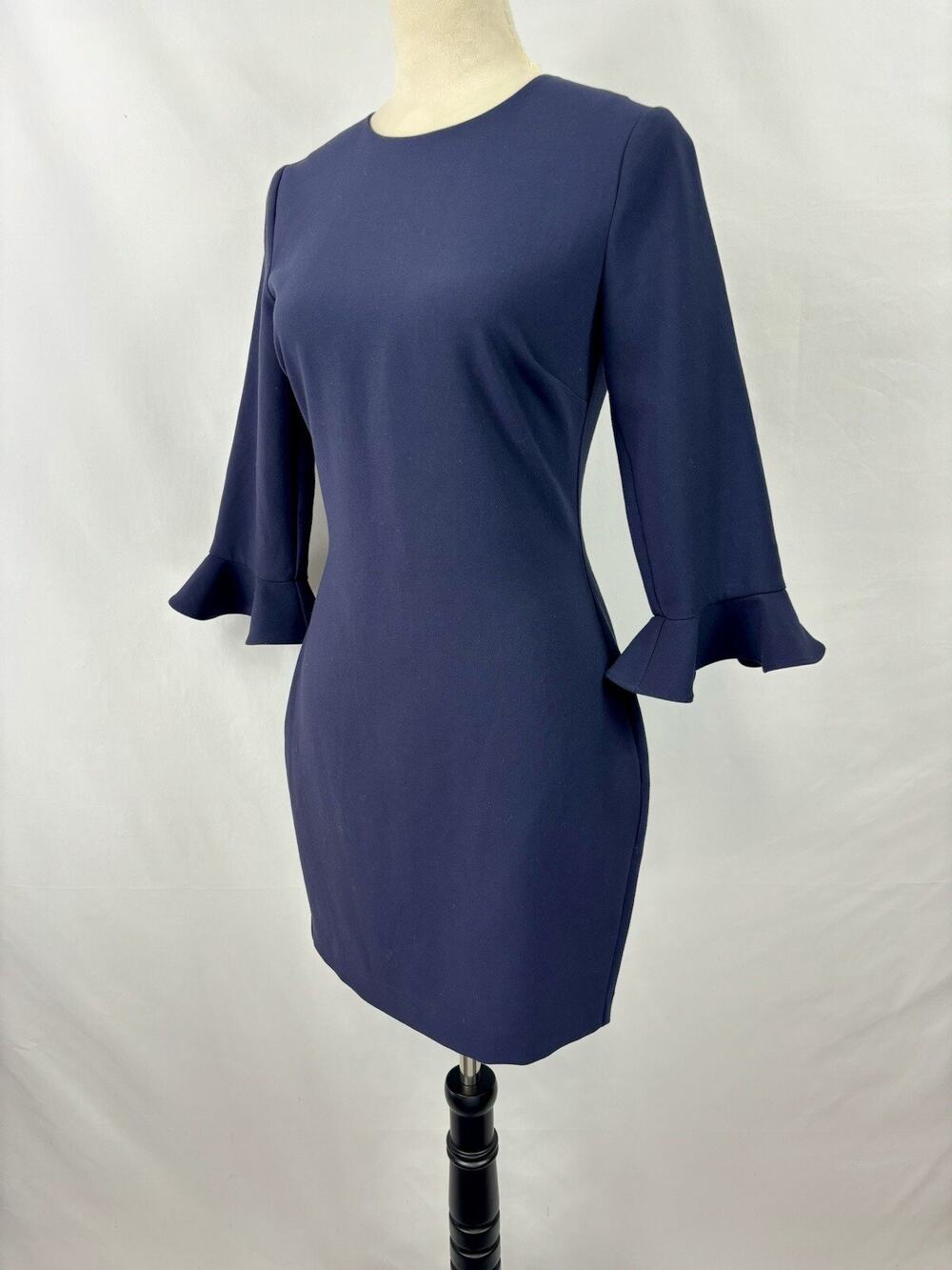 Likely Sheath Dress Navy Blue 4 Bell Sleeves Knee Length 3/4 Length Sleeve